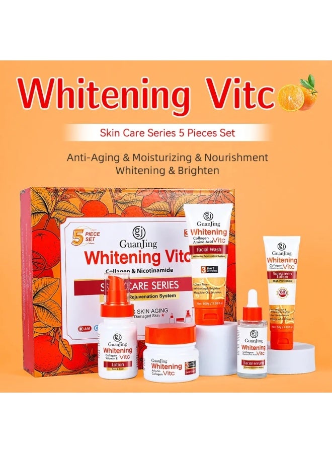 GUANJING Vitamin C Skin Care Set, Whitening Vitamin C Skincare Set with Collagen & Nicotinamide, Vitamin C lotion, Facial Wash, Facial Serum, Sunscreen Lotion & Facial Cream Skin Care Series Set - Image 3